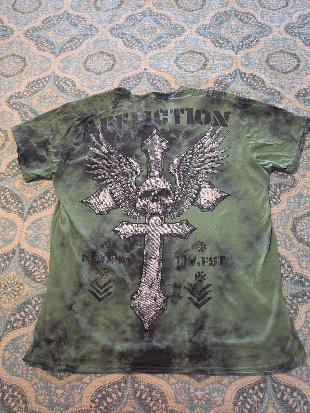 Affliction Mens 3XL Green Tie Dye Skull Cross T-Shirt Cyber Y2K Grunge Goth 3X
